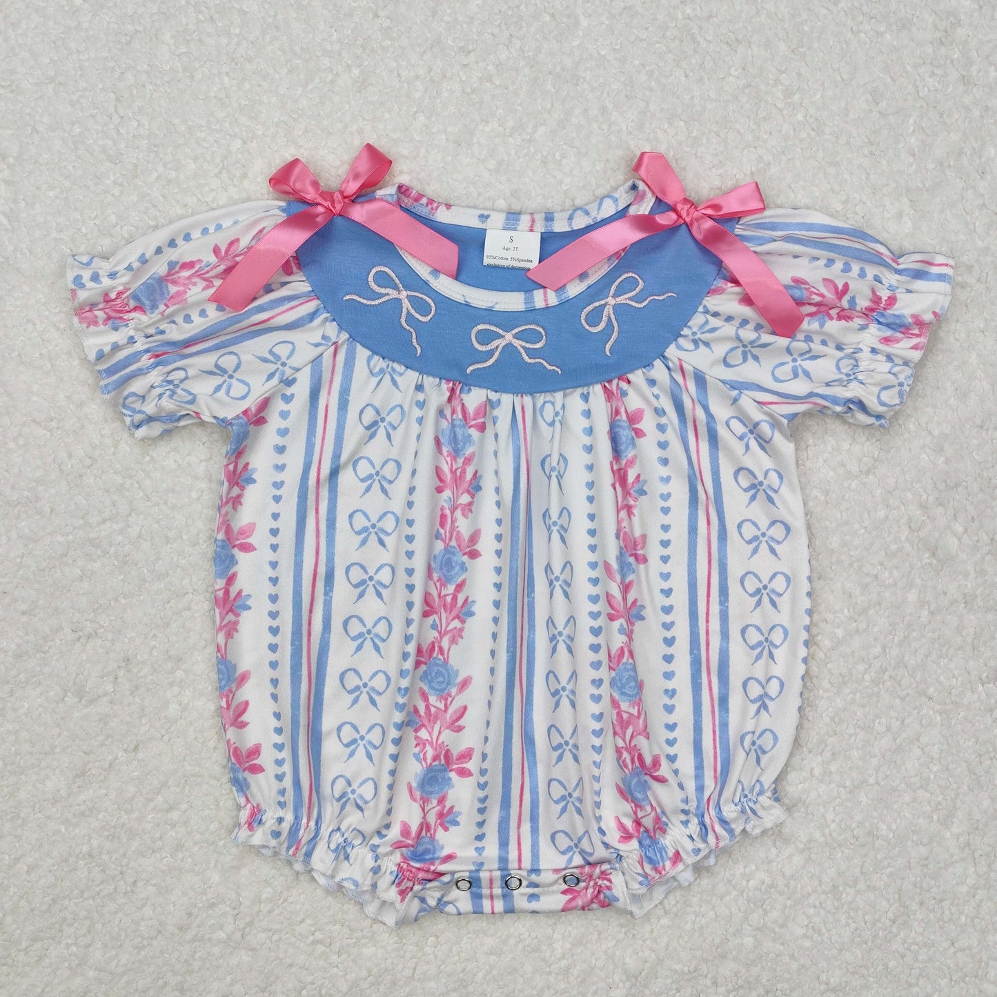 SR2131 Bows Embroidery Flowers Print Baby Girls Summer Romper