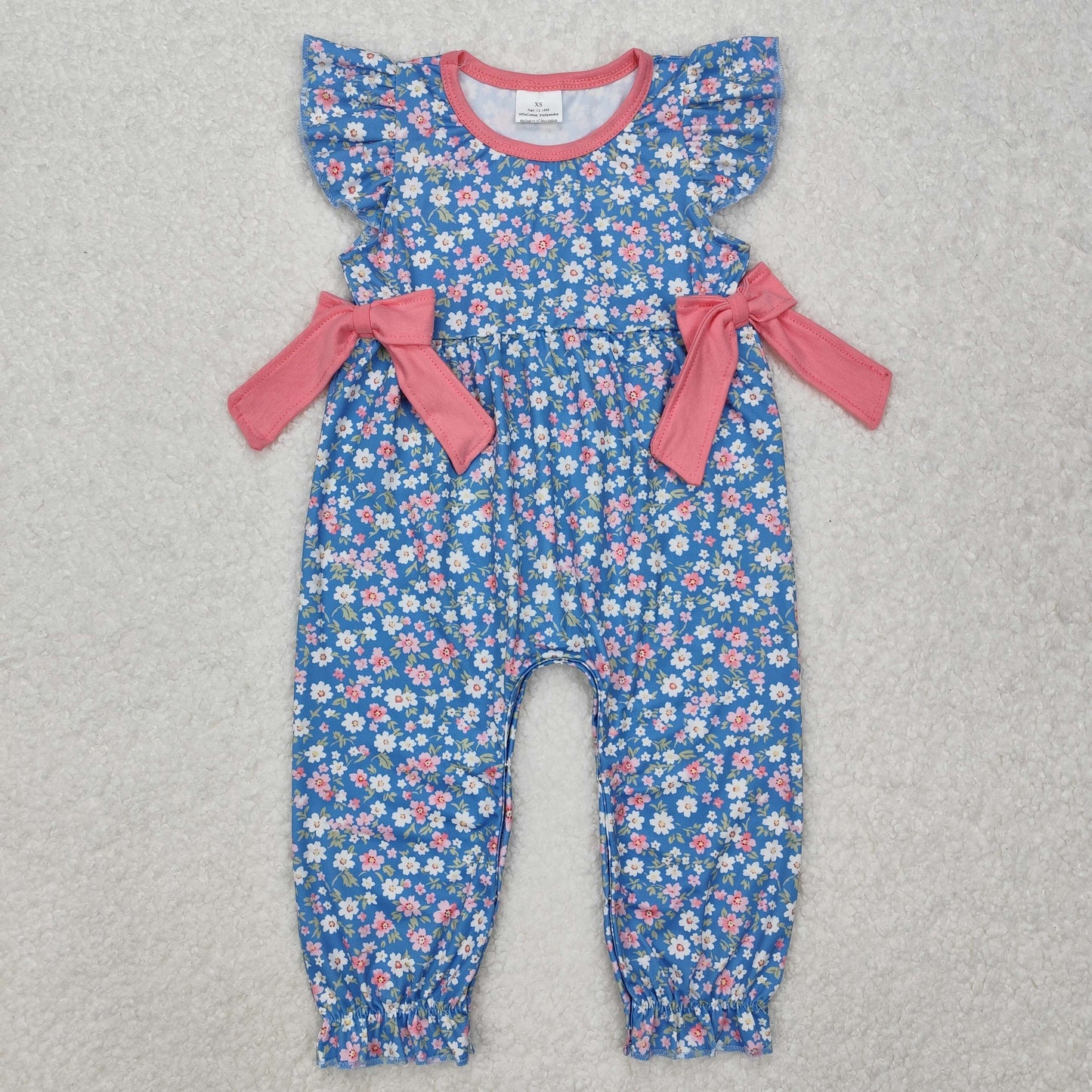 SR2166 Flowers Blue Print Baby Girls Short Sleeve Romper