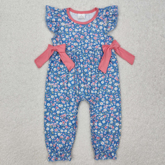 SR2166 Flowers Blue Print Baby Girls Short Sleeve Romper