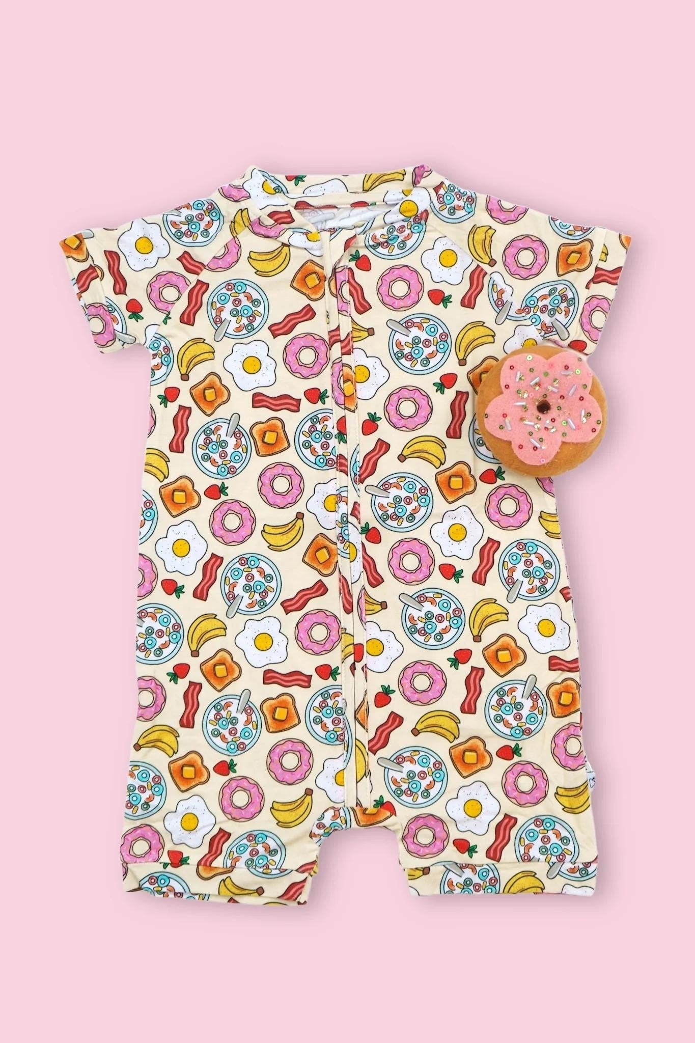 (Pre-order)SR2171 Food Donut Print Baby Girls Summer Sleeper Zipper Romper