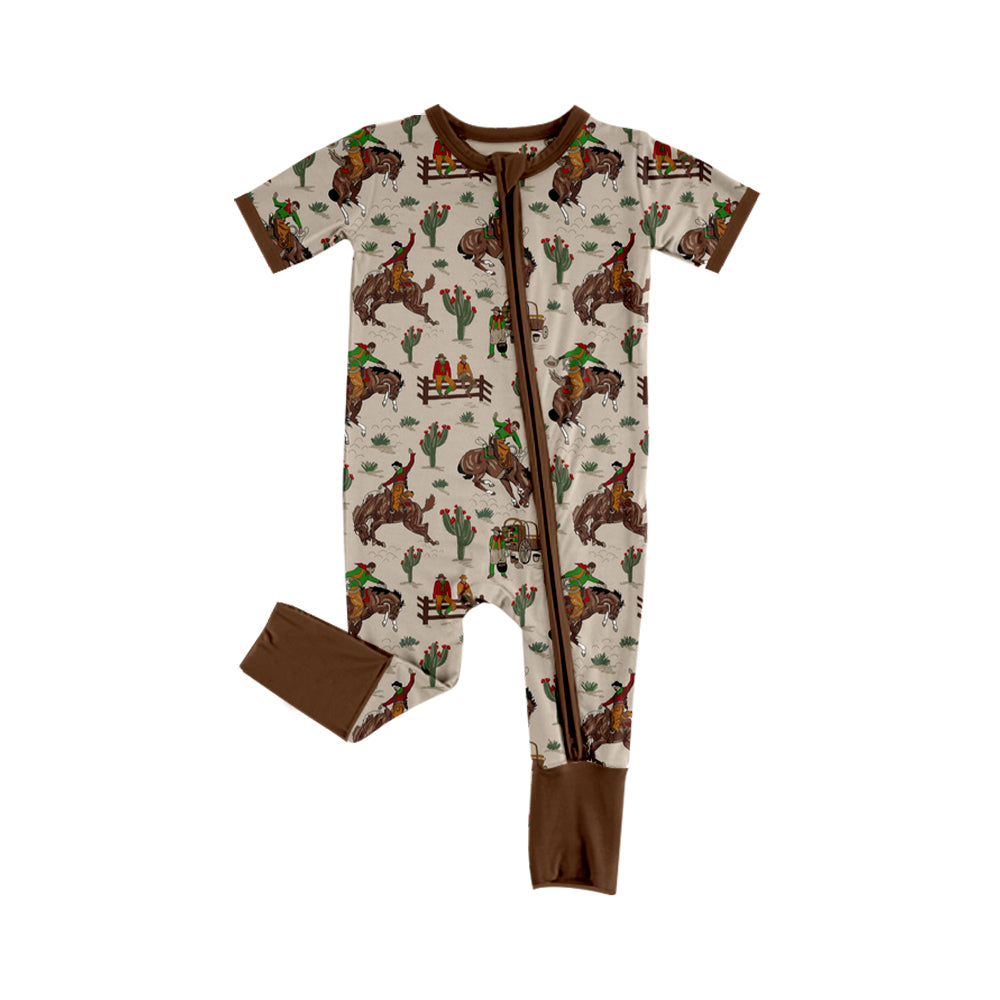(Pre-order)SR2173 Cowboy Cactus Brown Print Baby Boys Western Sleeper Zipper Romper