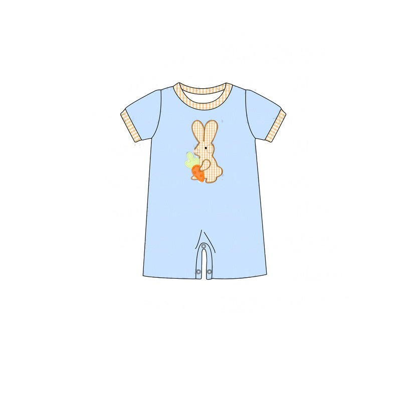 (Pre-order)SR2191 Bunny Carrot Blue Print Baby Boys Easter Romper