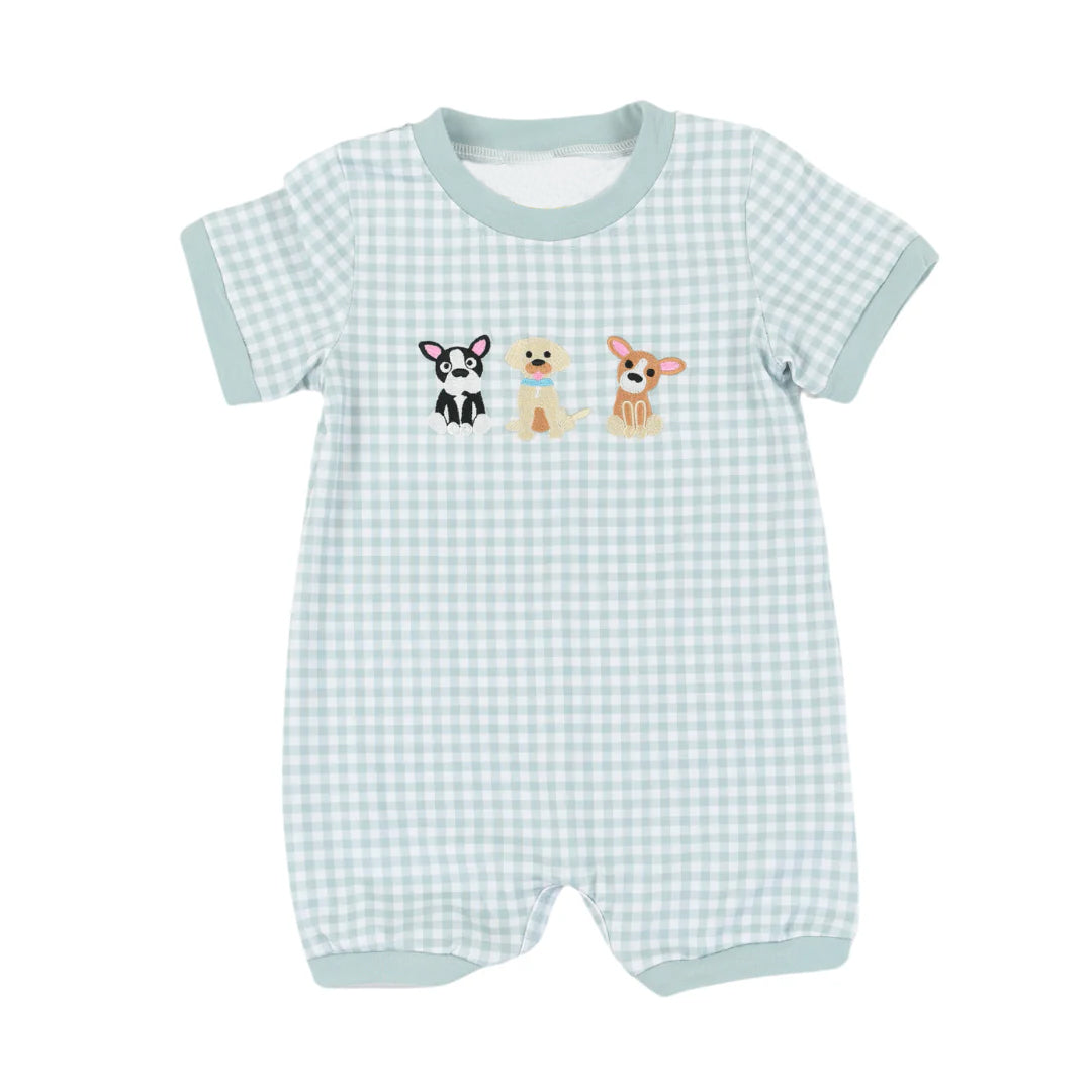(Pre-order)SR2205 Dogs Plaid Print Baby Boys Summer Romper