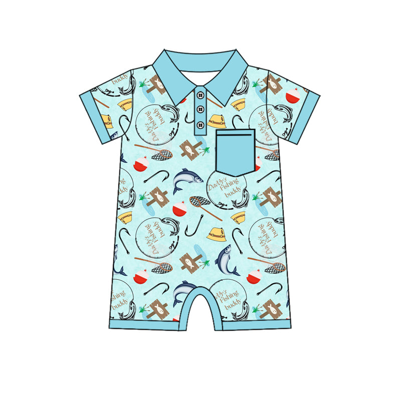 (Pre-order)SR2243 Fishing Blue Print Baby Boys Summer Romper