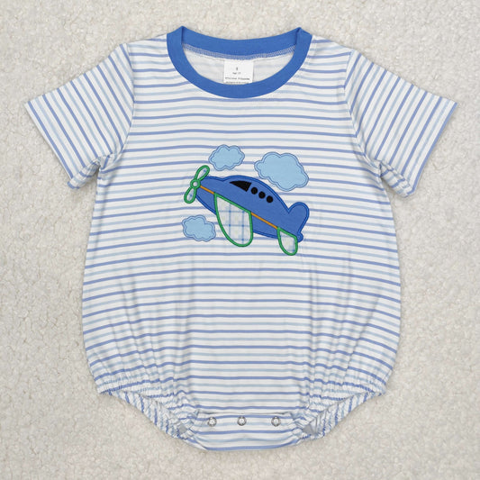 SR2244 Plane Embroidery Stripes Print Baby Boys Summer Romper