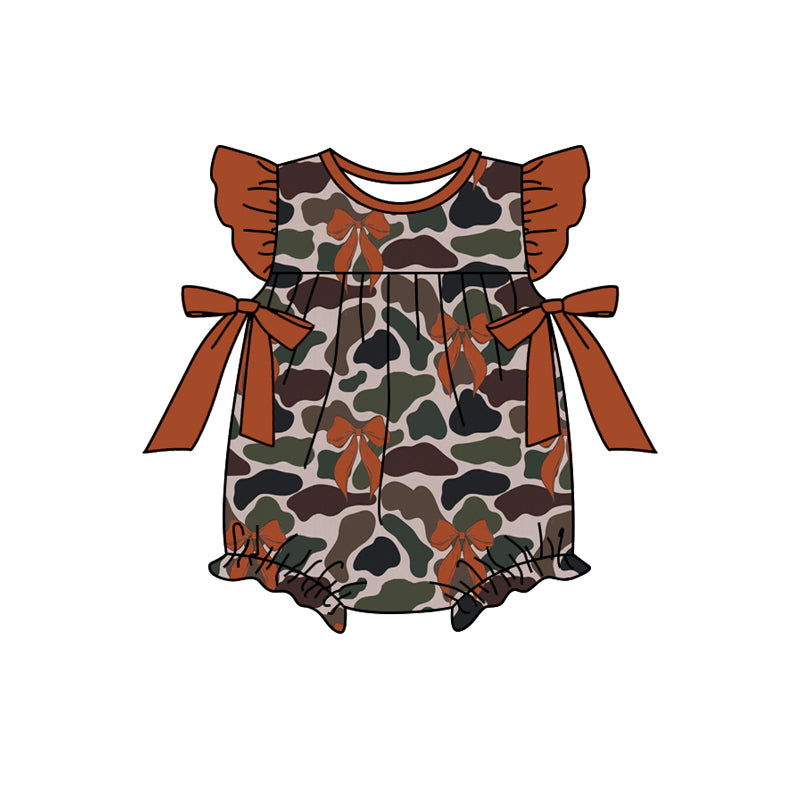 (Pre-order)SR2246 Camo Bows Brown Print Baby Girls Summer Romper