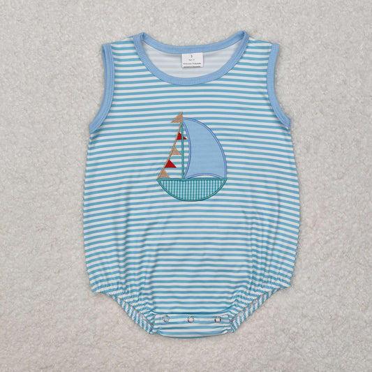 SR2276  Saiboat Embroidery Stripes Print Baby Boys Summer Romper