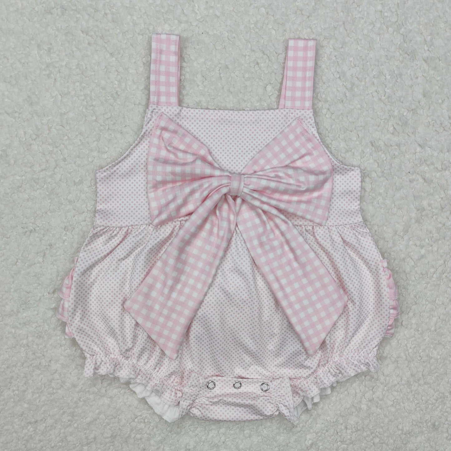 SR2280 Pink Dots Plaid Print Bow Baby Girls Summer Bubble Romper