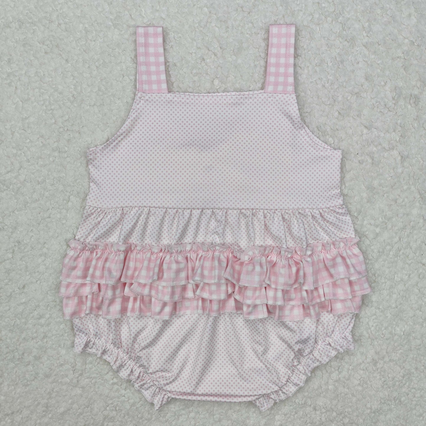 SR2280 Pink Dots Plaid Print Bow Baby Girls Summer Bubble Romper