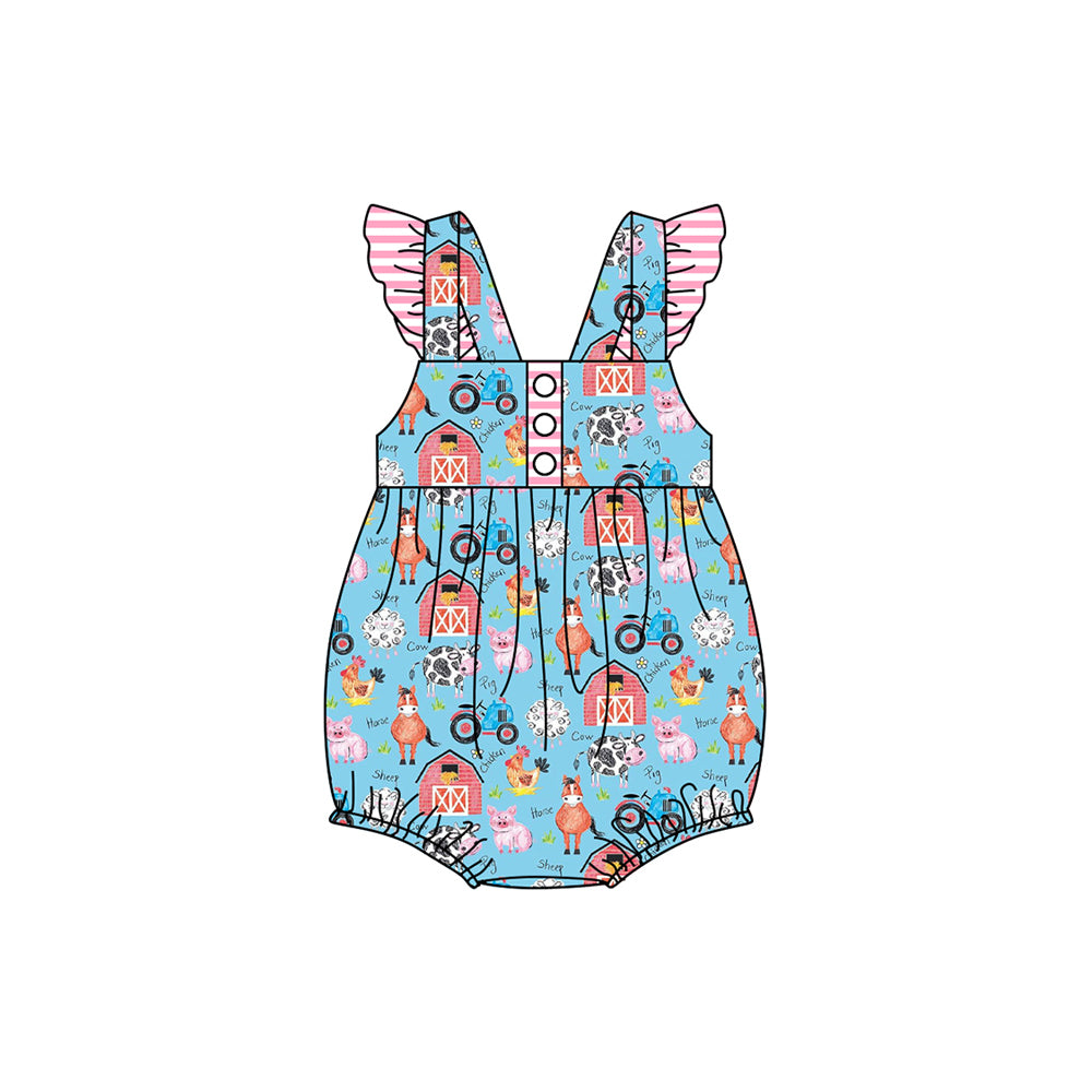 (Pre-order)SR2283 Farm Animals Print Baby Girls Summer Bubble Romper