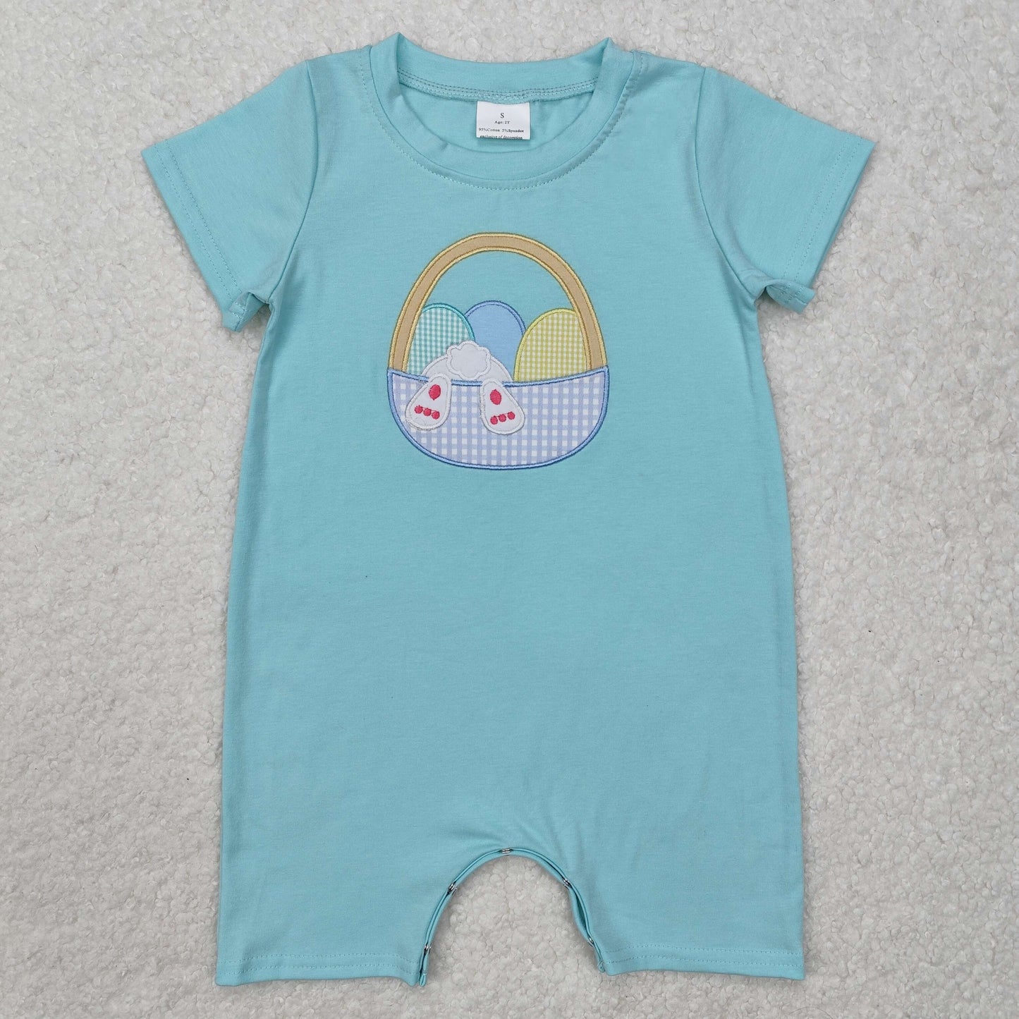 SR2293 Bunny Eggs Embroidery Blue Baby Boys Easter Romper
