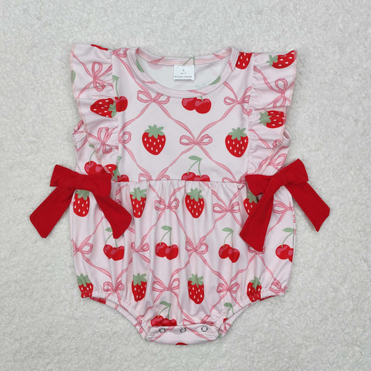 SR2295  Strawberry Cherry Bows Print Baby Girls Summer Romper