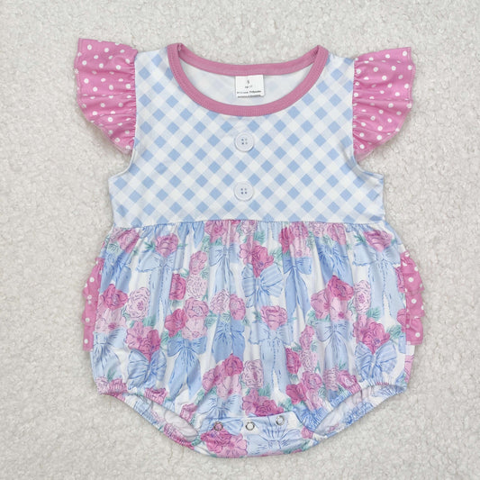 SR2298  Flowers Bows Print Baby Girls Summer Romper