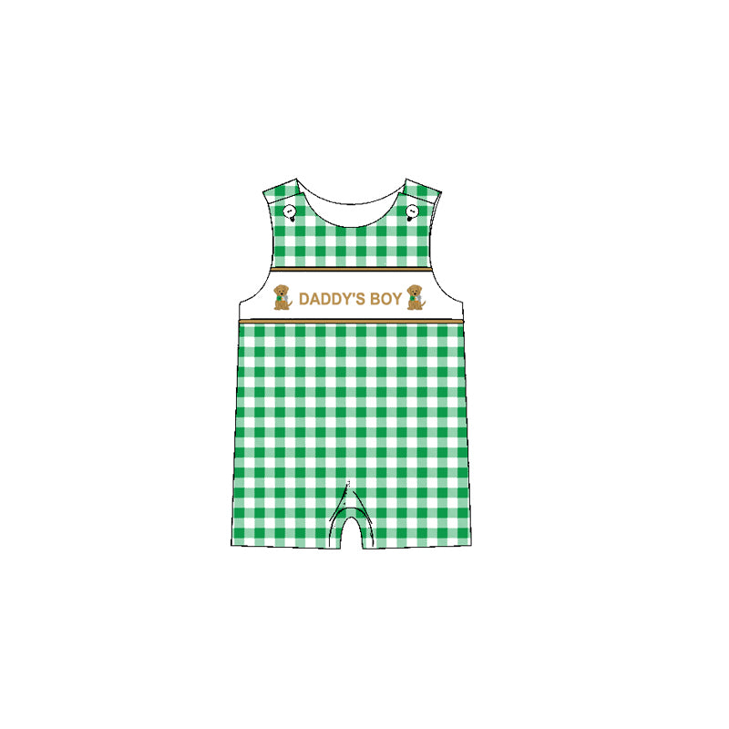 (Pre-order)SR2301 Daddy's Boy Dog Green Plaid Print Baby Boys Summer Romper