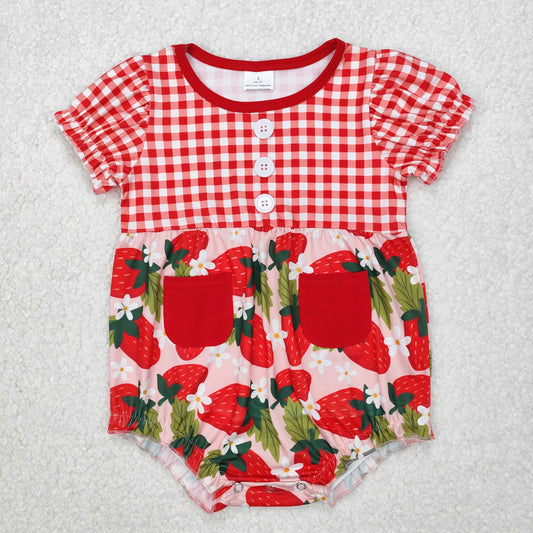 SR2307  Strawberry Flowers Print Baby Girls Summer Romper