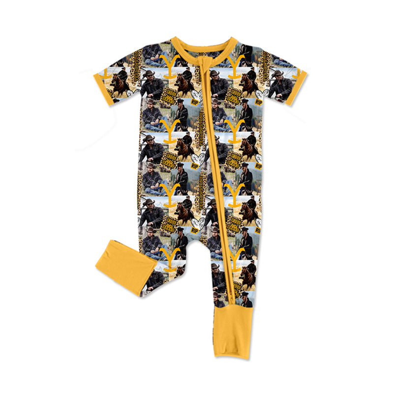 (Pre-order)SR2323 Yellowsto* Leopard Western Print Baby Sleeper Zipper Romper