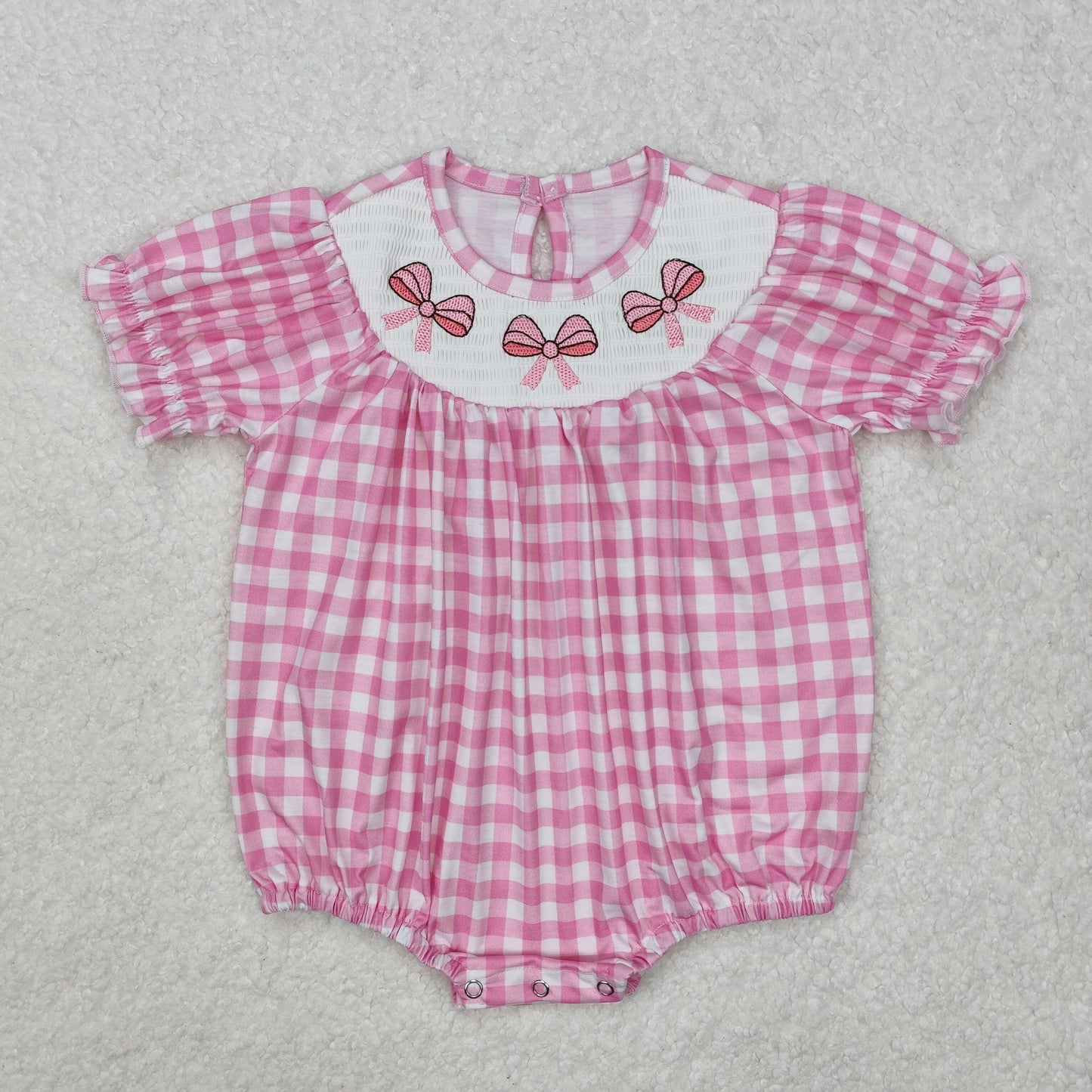 SR2325 Bows Embroidery Pink Plaid Print Baby Girls Summer Smocked Romper