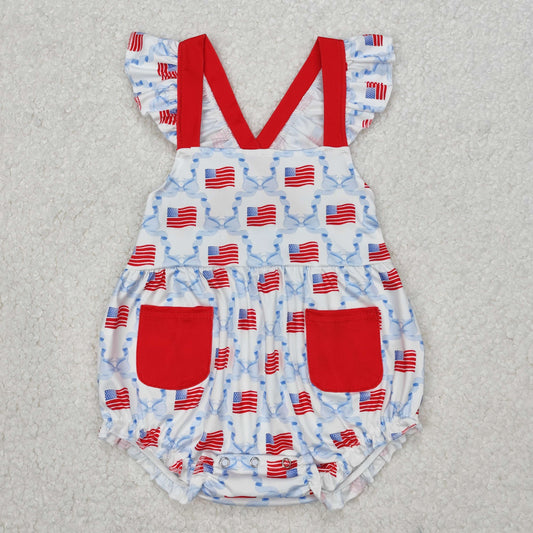 SR2331  Bows Flags Print Pockets Baby Girls 4th of July Romper
