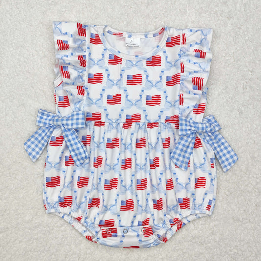 SR2353 Bows Flags Print Baby Girls 4th of July Romper