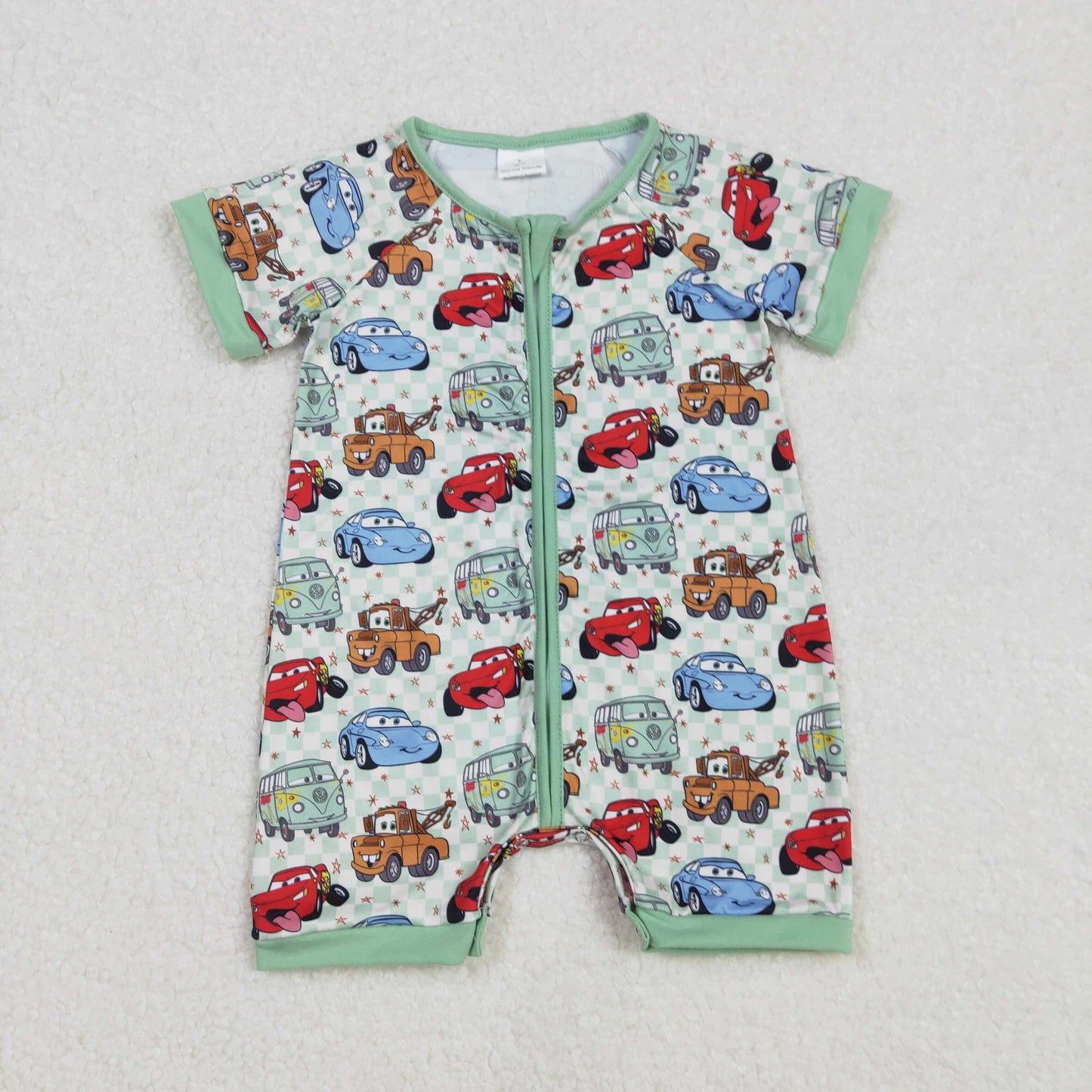 SR2373 Cartoon Cars Green Plaid Print Baby Boys Sleeper Zipper Romper