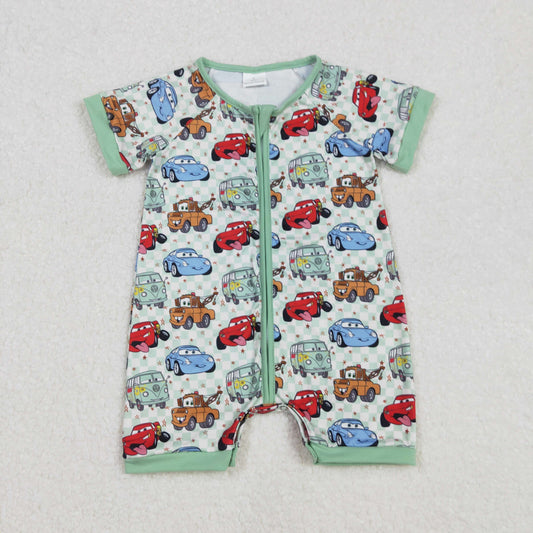 SR2373 Cartoon Cars Green Plaid Print Baby Boys Sleeper Zipper Romper