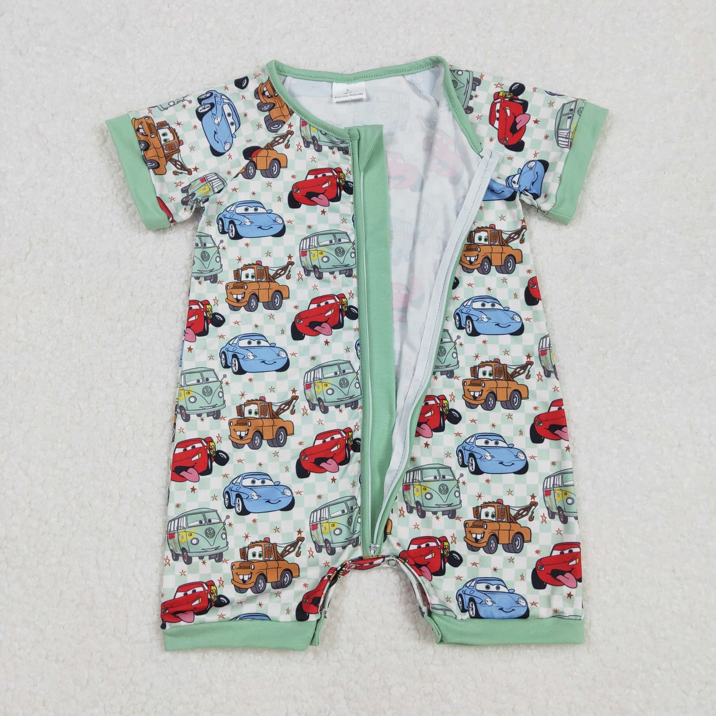 SR2373 Cartoon Cars Green Plaid Print Baby Boys Sleeper Zipper Romper