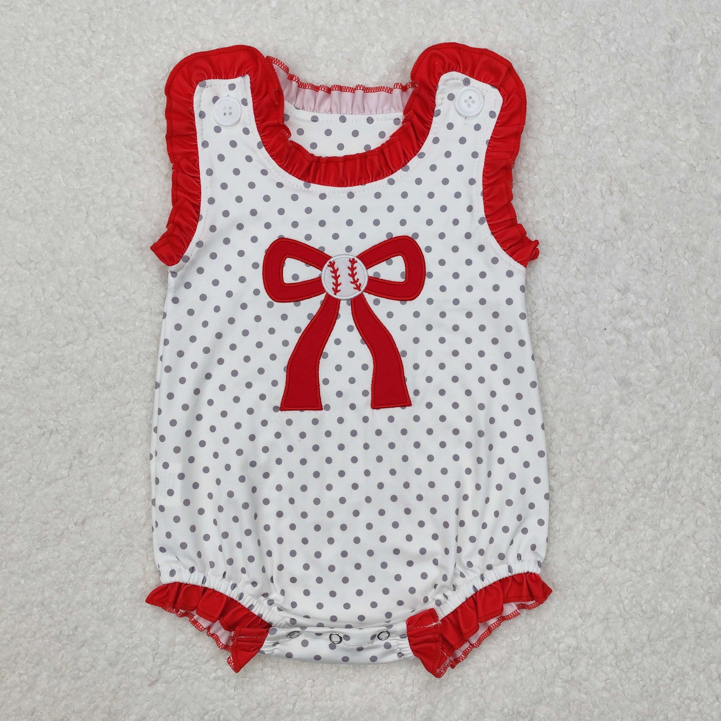 SR2376 Bow Baseball Embroidery Dots Print Baby Girls Summer Romper