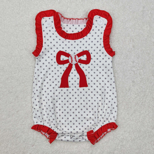 SR2376 Bow Baseball Embroidery Dots Print Baby Girls Summer Romper