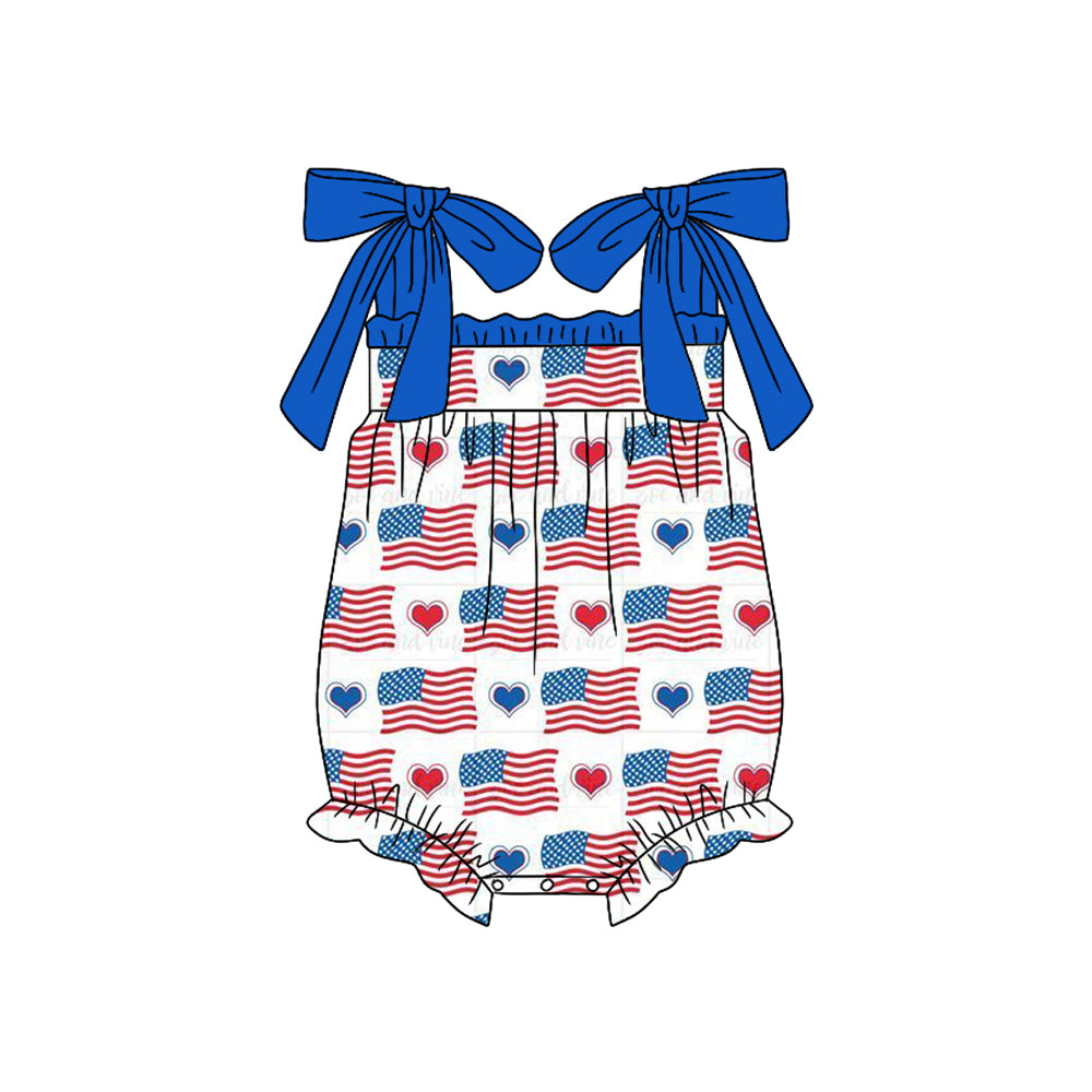 (Pre-order)SR2377 Flag Heart Print Baby Girls 4th of July Romper
