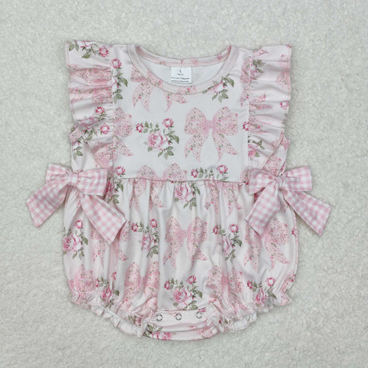 SR2379 Flowers Bows Pink Print Baby Girls Summer Romper