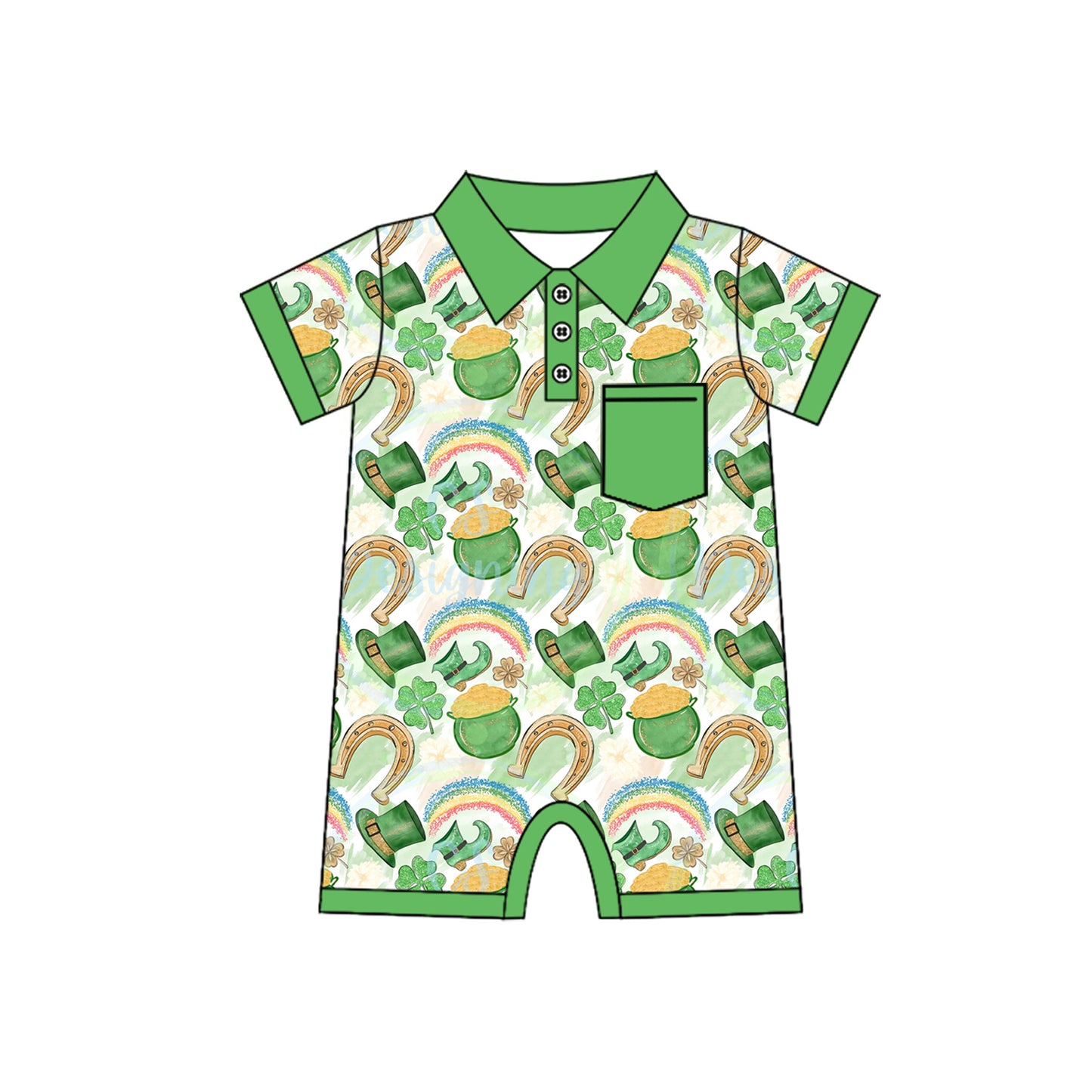 (Pre-order)SR2381 Gold Leaf Hat Boots Rainbow Print Baby Boys St. Patrick's Day Romper