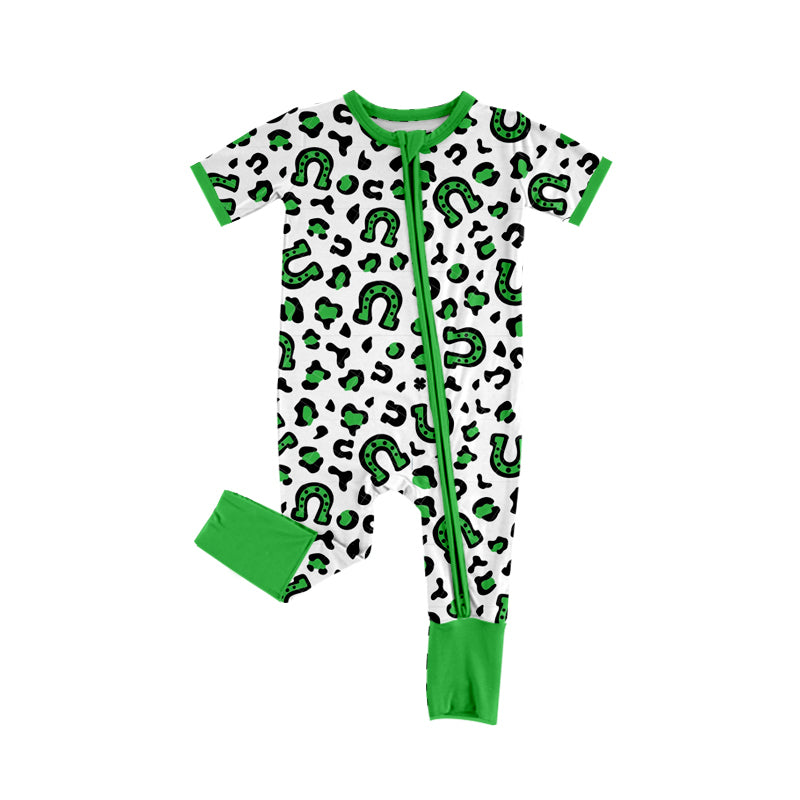 (Pre-order)SR2383 Green Leopard Print Baby Girls St. Patrick's Day Sleeper Zipper Romper