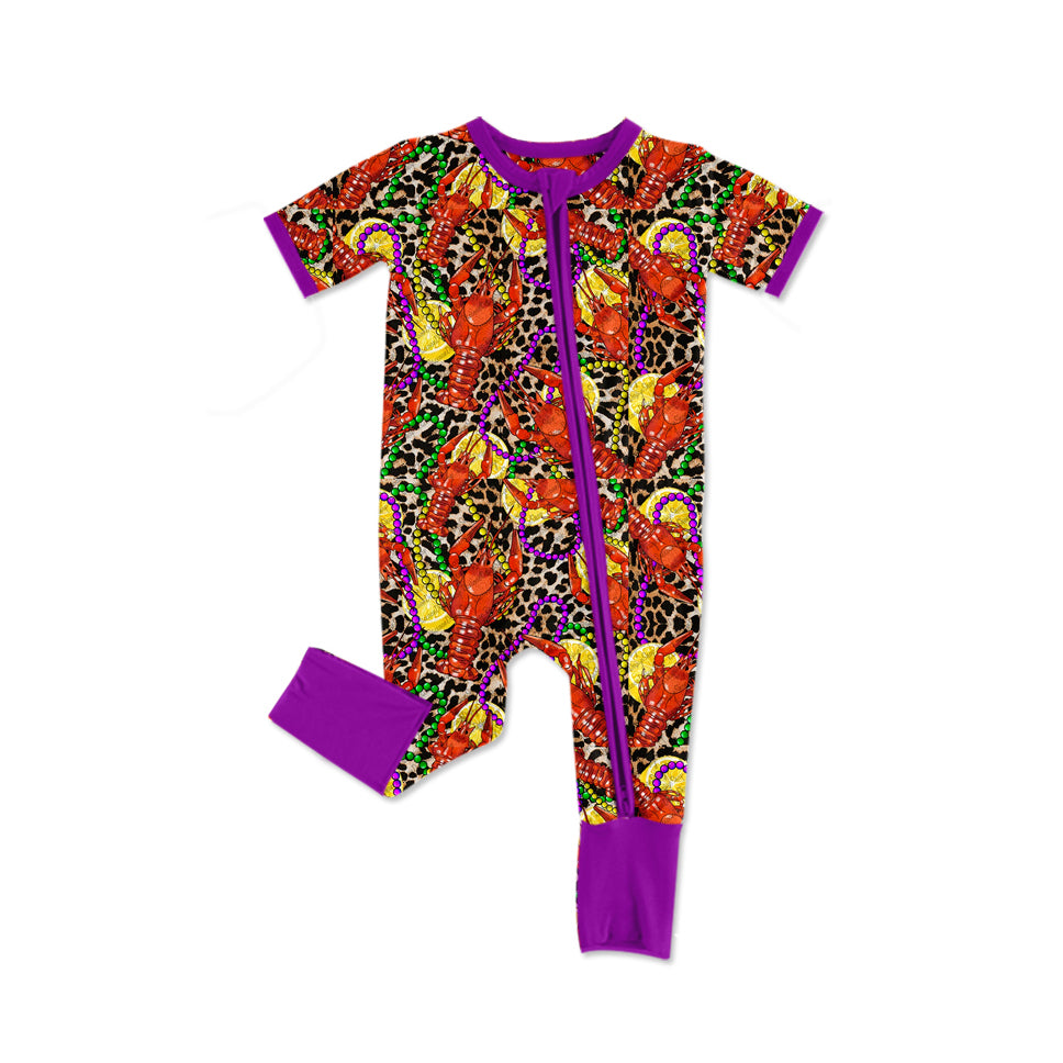 (Pre-order)SR2393 Crayfish Leopard Print Baby Girls Mardi Gras Sleeper Zipper Romper