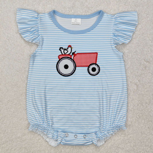 SR2407 Tractors Embroidery Blue Stripes Print Baby Girls Summer Romper