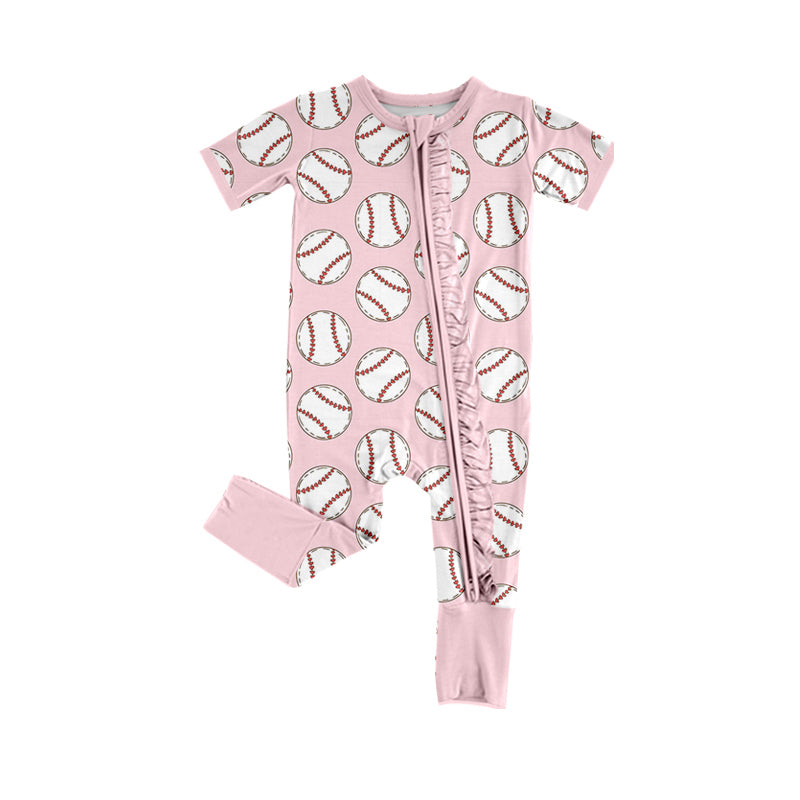 (Pre-order)SR2420 Baseball Pink Print Baby Girls Sleeper Zipper Romper