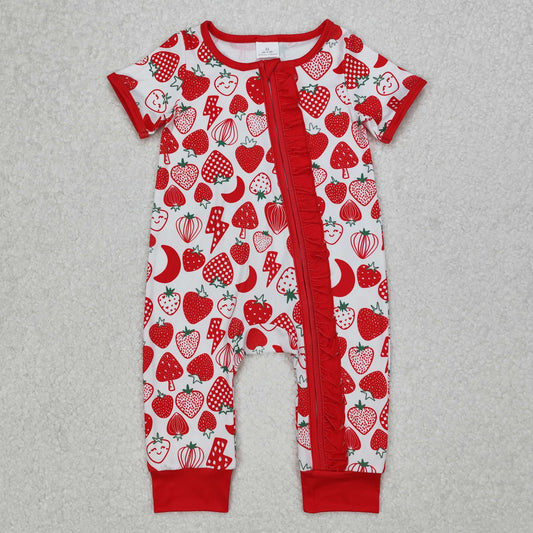SR2500 Strawberry Print Red Ruffle Baby Girls Sleeper Zipper Romper