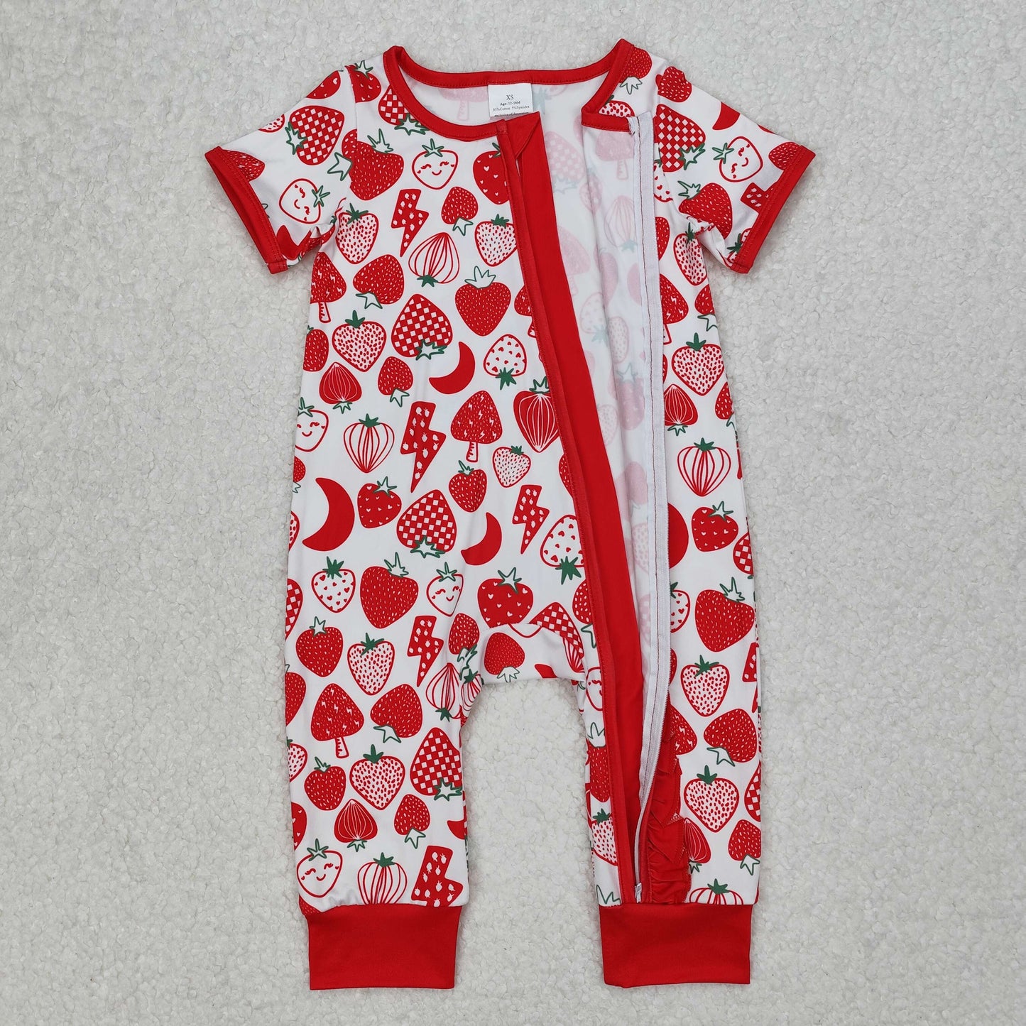 SR2500 Strawberry Print Red Ruffle Baby Girls Sleeper Zipper Romper