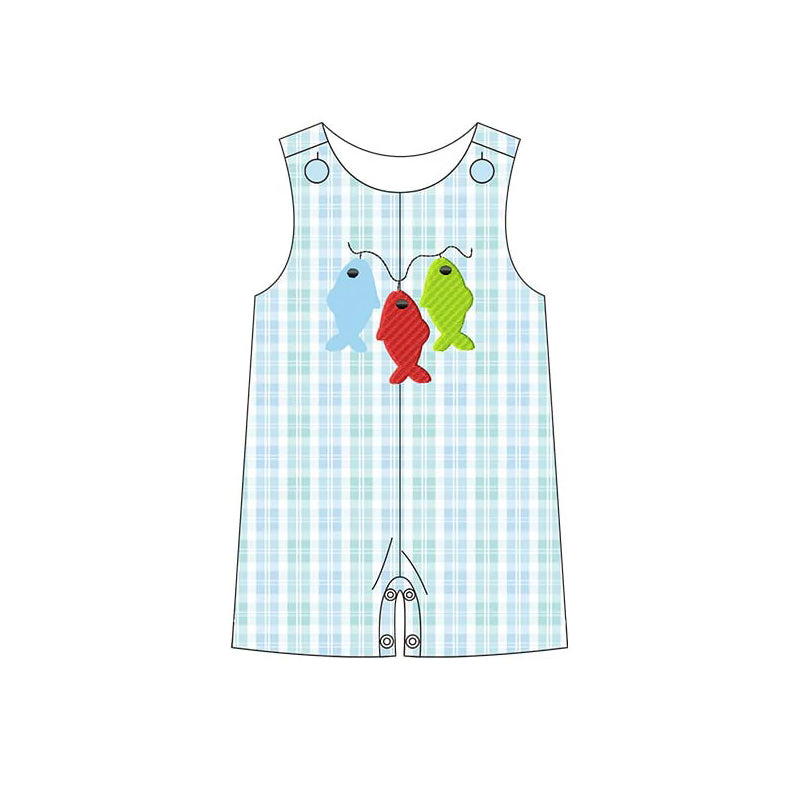 (Pre-order)SR2517 Fishing Blue Plaid Print Baby Boys Summer Romper