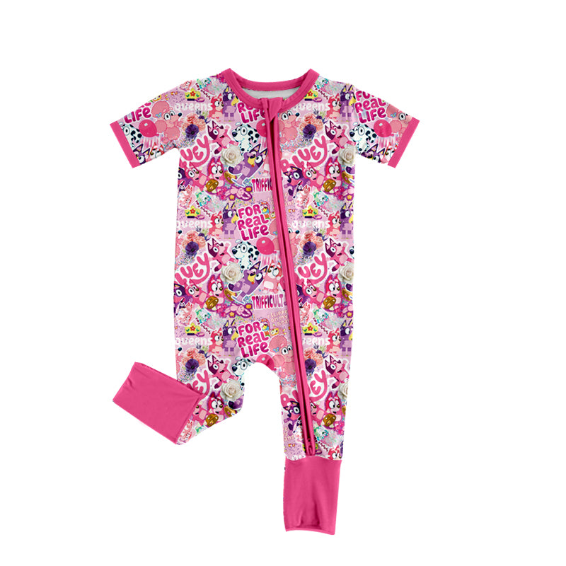 (Pre-order)SR2527 Cartoon Dog Hot Pink Print Baby Girls Sleeper Zipper Romper