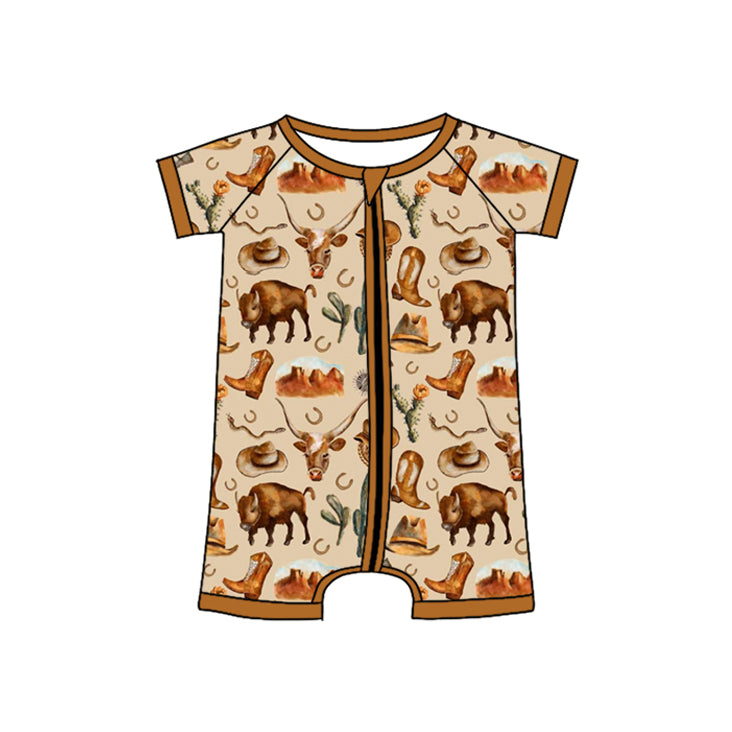 (Pre-order)SR2528 Boots Hat Boots Cows Brown Print Baby Boys Summer Western Sleeper Zipper Romper