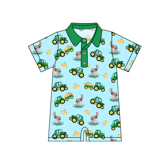 (Pre-order)SR2532 Tractors Farm Green Print Baby Boys Summer Romper