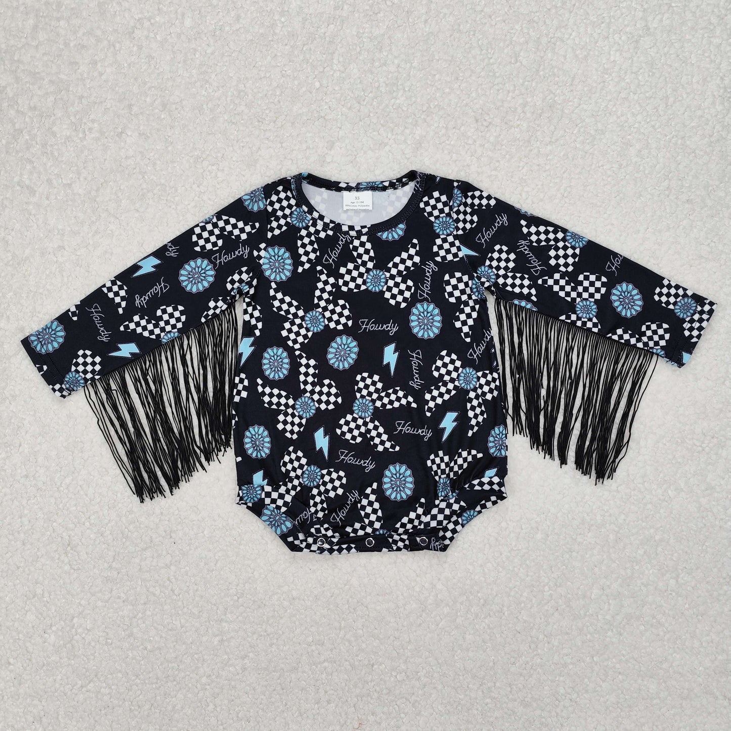 SR2552 Howdy Bows Turquoise Western Print Baby Girls Tassel Romper