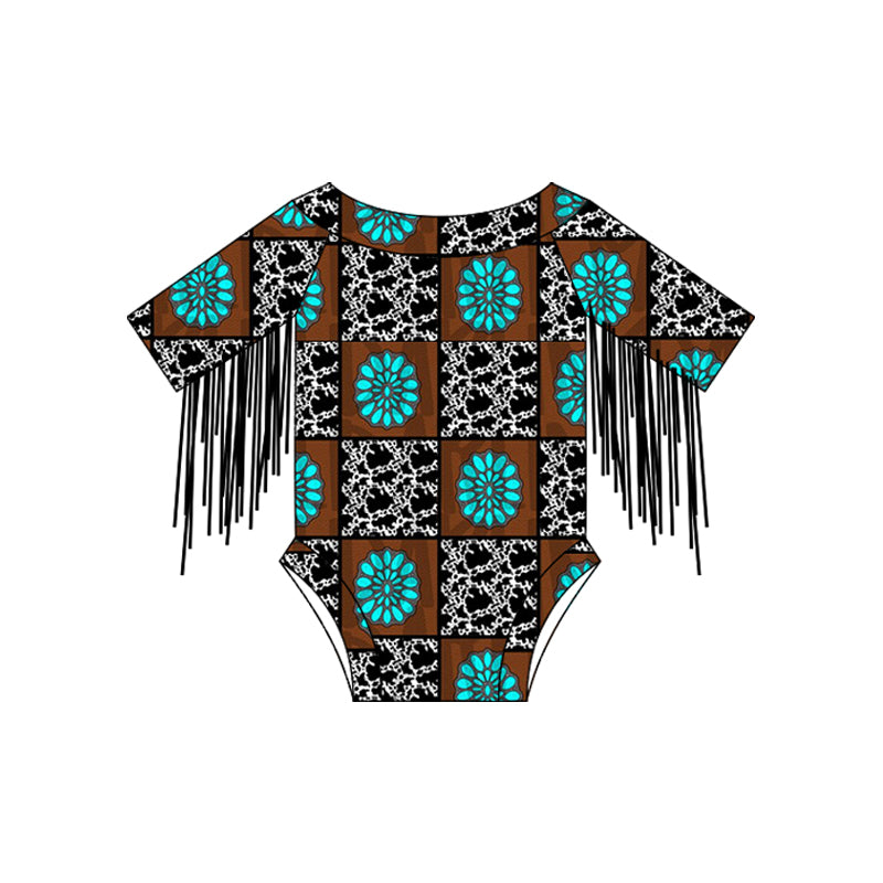 (Pre-order)SR2555 Turquoise Plaid Print Baby Girls Western Tassel Romper