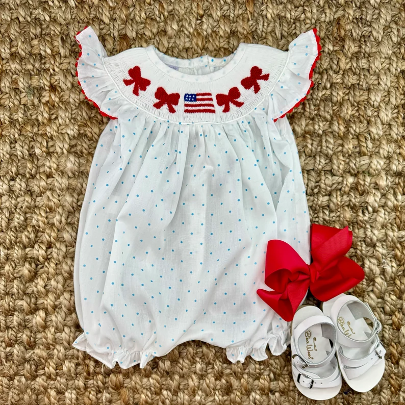 (Pre-order)SR2560 Bows Flag Dots Print Baby Girls 4th of July Romper