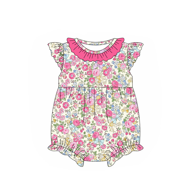 (Pre-order)SR2565 Pink Flowers Print Baby Girls Summer Romper