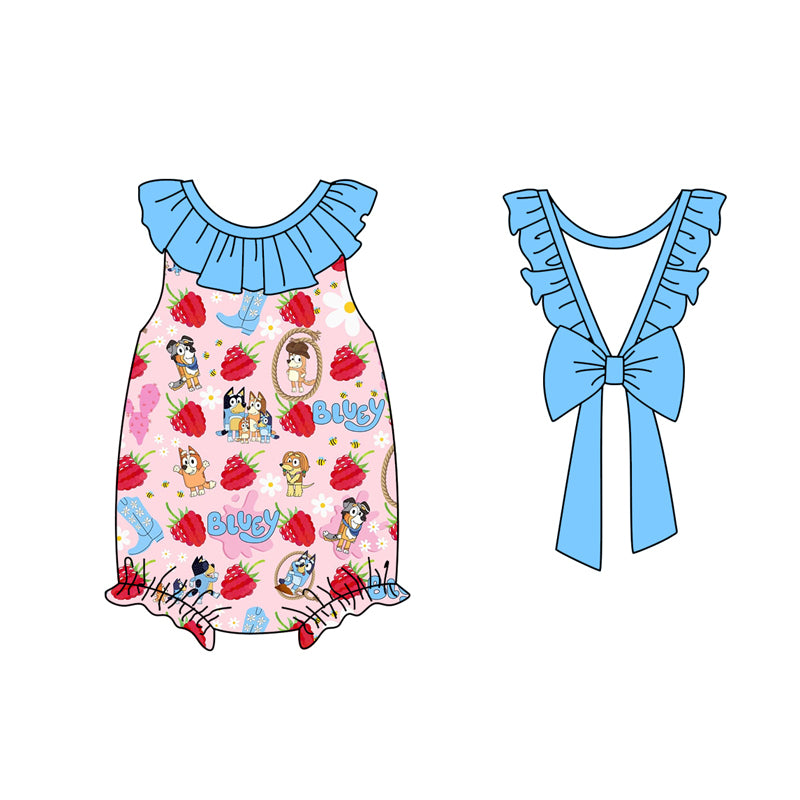 (Pre-order)SR2568 Cartoon Dog Strawberry Flowers Print Baby Girls Summer Romper