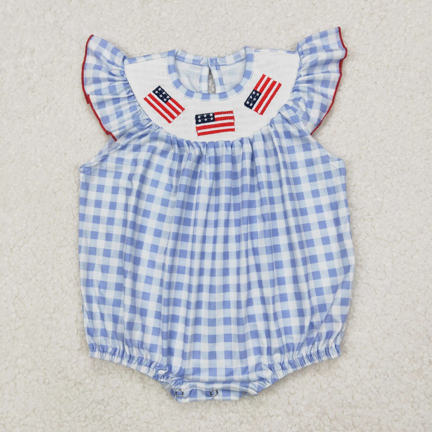 SR2571  Flag Embroidery Blue Plaid Print Baby Girls 4th of July Smocked Romper