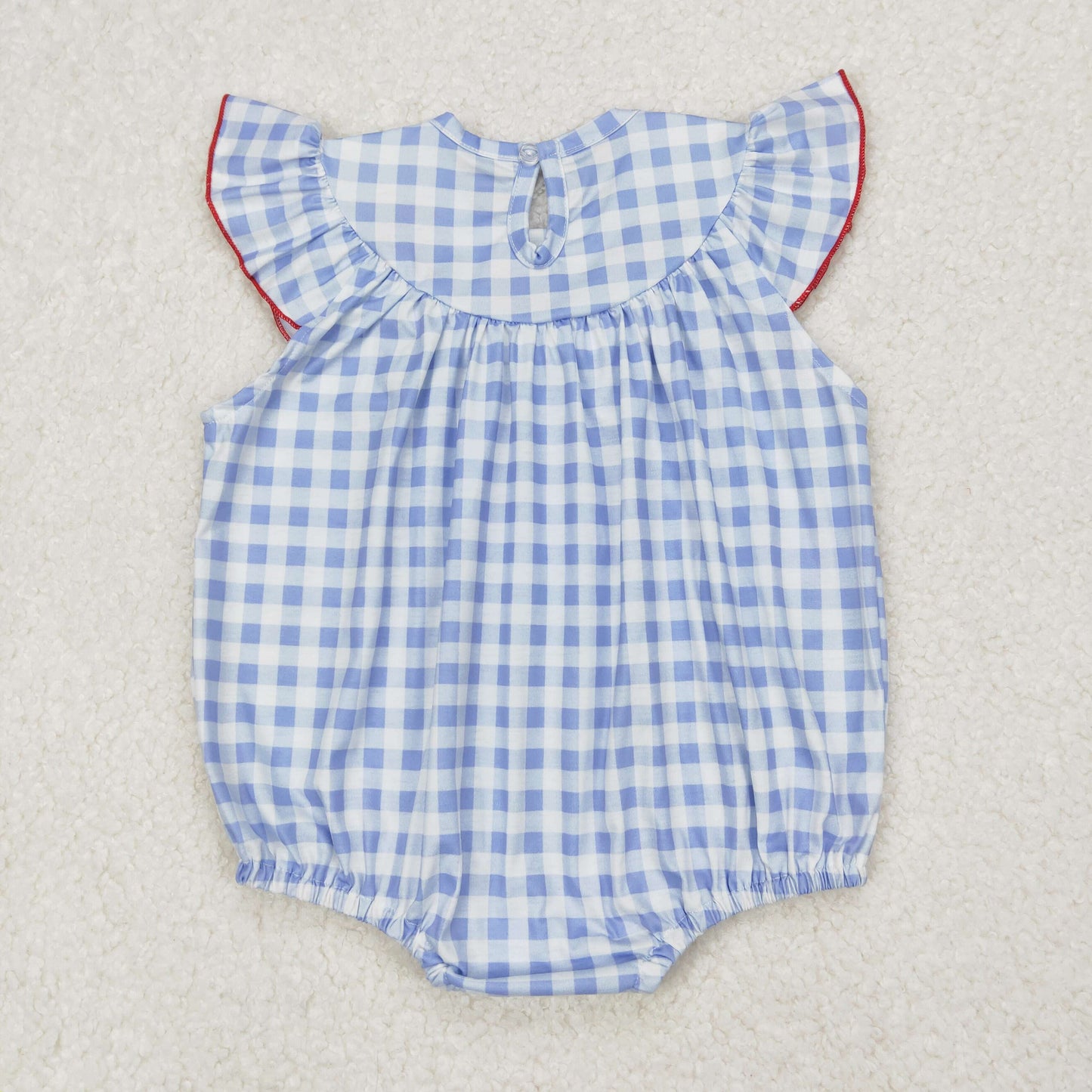 SR2571  Flag Embroidery Blue Plaid Print Baby Girls 4th of July Smocked Romper