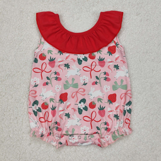 SR2582  Bunny Strawberry Bows Print Baby Girls Easter Romper
