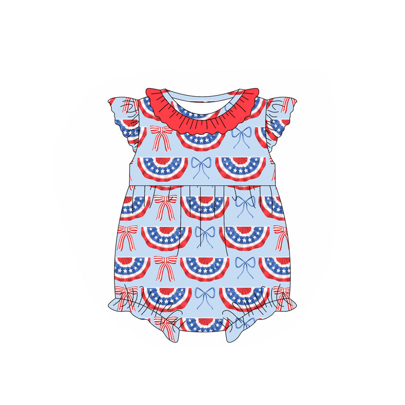 (Pre-order)SR2588 Flag Bows Print Baby Girls 4th of July Romper